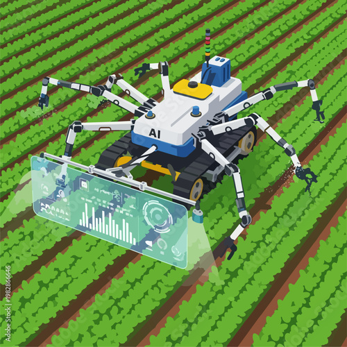 A large, complex agricultural AI robot with multiple articulated arms and sensors works in a geometric field of precisely planted rows of young green crops under a sunny sky. 