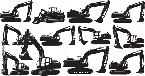 Collection of excavator silhouettes on white background
