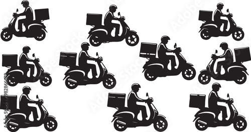 Delivery riders on scooters with boxes isolated