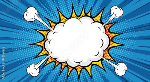 Comic book style illustration of an explosion with a large white cloud and smaller clouds on a blue background with yellow accents.