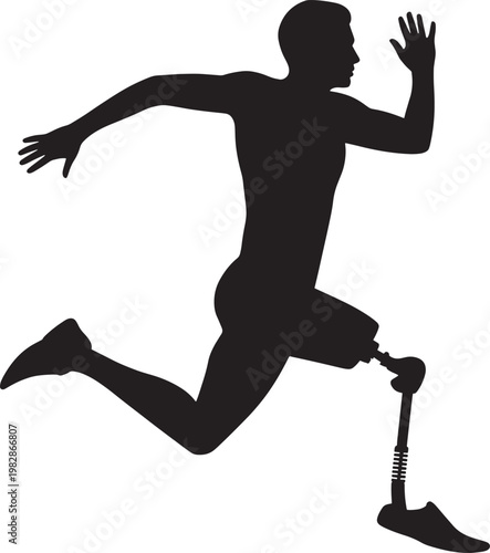 Black silhouette of male para athlete runner with prosthetic leg sprinting fast on white background