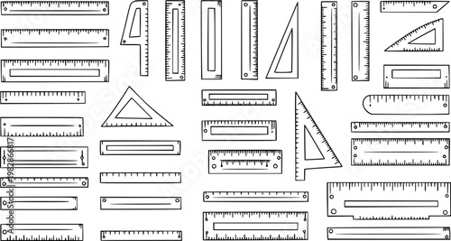 Black and White Line Art Illustration of Various Rulers and Measuring Tools, Education and Drafting Equipment