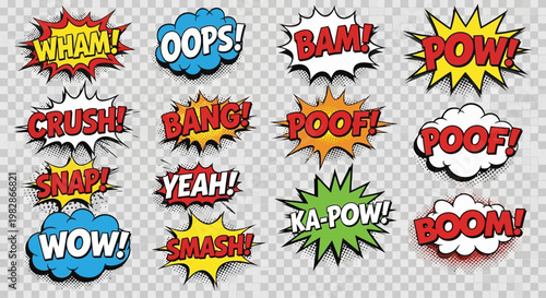 Comic book style speech bubbles with various explosion words in multiple colors.