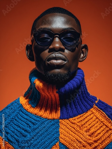 Portrait of a young man wearing a turtleneck sweater in orange and blue with a diamond pattern against an orange background. He has glasses, short hair, and is African American.