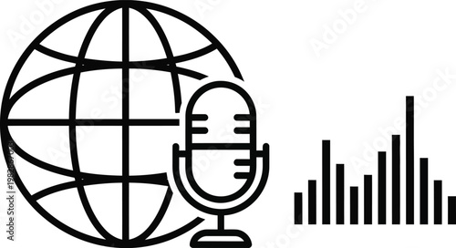 A simple black and white line drawing depicts a globe with a microphone positioned in front suggesting global broadcasting or podcasting