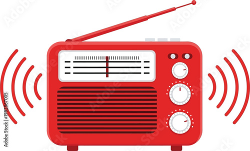 a vibrant red vintage radio broadcasts sound waves displaying classic knobs and an extended antenna indicating audio transmission high quality professional