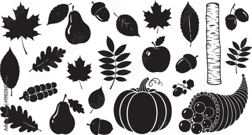 Autumn harvest icons and silhouettes in black