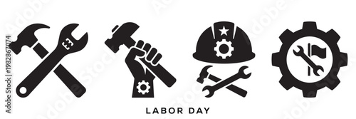 Labor Day vector icon set with transparent background, flat black silhouette worker symbols with crossed tools, fist, helmet, gear variations, isolated PNG, cutout construction design