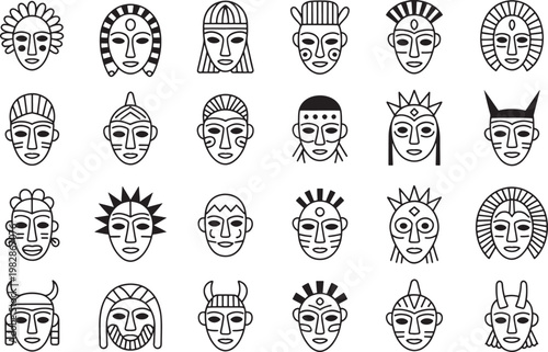 Collection of tribal masks, primitive art, African culture symbols, decorative ethnic face designs