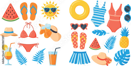 Tropical Beach Essentials Set with Swimwear, Sunglasses, Watermelon, Pineapple, and Tropical Drinks for Resort, Vacation, and Web Designs