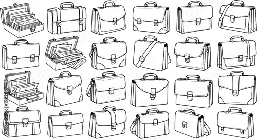 Business Briefcases and Professional Work Bags Hand Drawn Line Art Vector Set. Collection of Document Cases, Portfolios, and Office Accessories in Sketch Style.