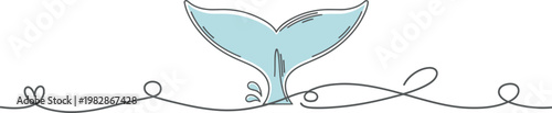 A minimalist illustration depicts a light blue whale tail emerging from a wavy line accompanied by delicate hearts and swirls