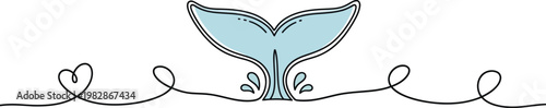 a minimalist artistic rendering depicts a blue whale tail emerging from a continuous line drawing with hearts high quality professional detailed