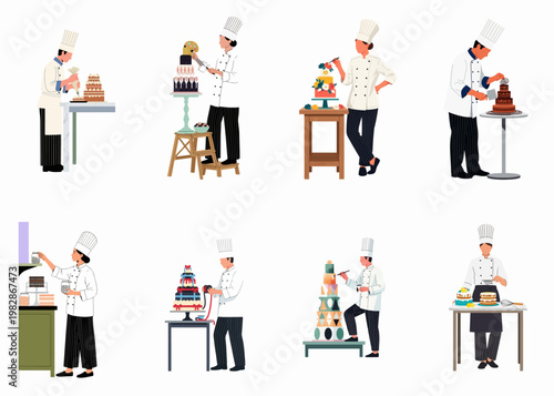 Set of professional pastry chefs decorating elaborate cakes and desserts in various styles, flat vector illustration on white background.