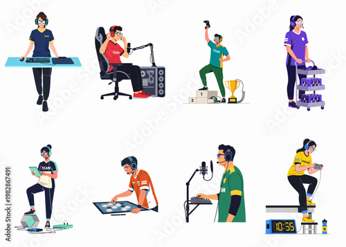 Vector illustration set showcasing diverse esports professionals including pro gamers, streamers, commentators, and support staff in the competitive gaming and digital sports industry.