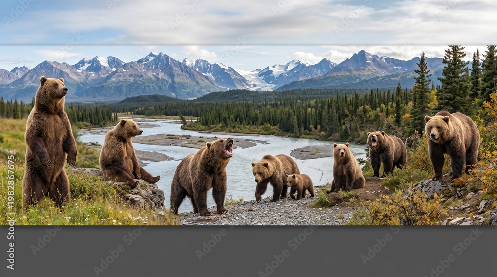 Fototapeta premium Wildlife animals bears banner panorama long - Collection of standing, sitting, screaming