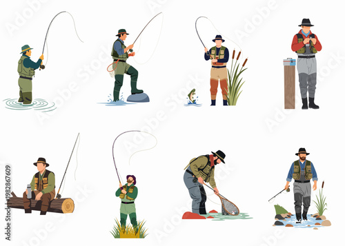 Set of diverse fly fishing characters depicted in various activities such as casting, reeling, sitting on a log, and landing a fish.