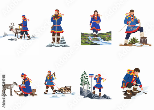 Vector illustration set of Sami people in traditional Gakti clothing engaged in various activities across Arctic and summer landscapes.