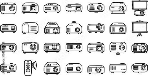 Technology Projector Line Art Icons. Outline Collection of Video Projectors and Projection Screens for Presentations, Business, and Education.