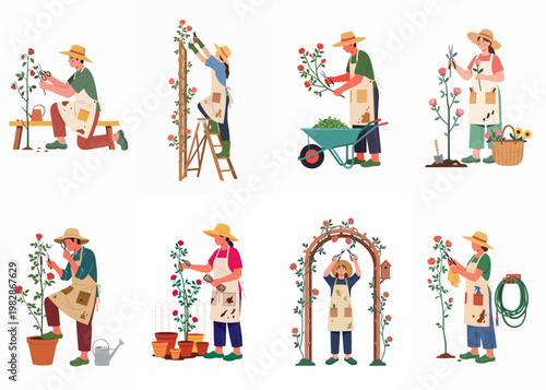 Set of flat illustrations featuring people gardening, pruning roses, and caring for plants with various tools and equipment on a white background.