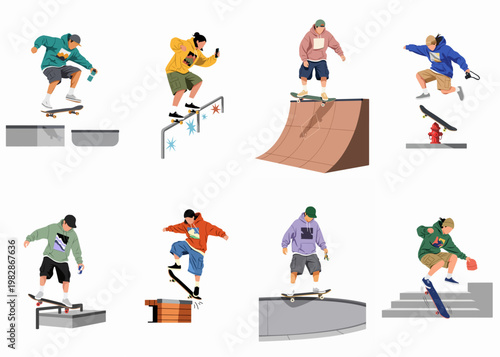 Flat vector illustrations of diverse skateboarders performing various urban skate tricks on obstacles like ramps, rails, and stairs.