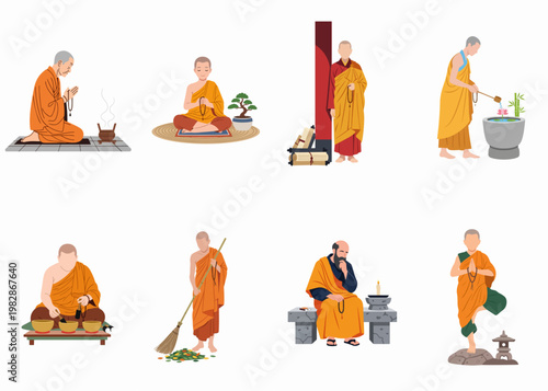 Vector illustration set of Buddhist monks engaged in daily spiritual activities, meditation, prayer, and temple chores isolated on white background.