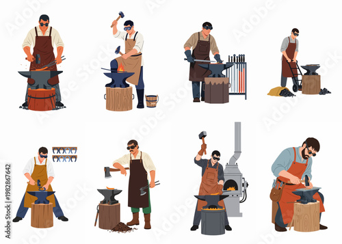 Collection of professional blacksmiths working in a forge with hammers and anvils to craft metal tools, swords, and horseshoes, vector illustration set.