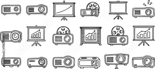 Black and White Line Art Icons of Projectors and Presentation Screens for Technology and Business