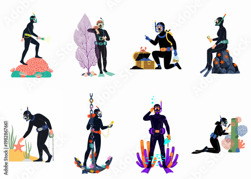 Collection of scuba divers exploring the underwater world, featuring activities like photography, treasure hunting, and coral research in a flat vector style.