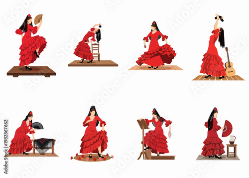 Vector Illustration Set of a Flamenco Dancer in Red Traditional Dress Performing Various Poses with Hand Fan, Castanets, and Guitar on White Background