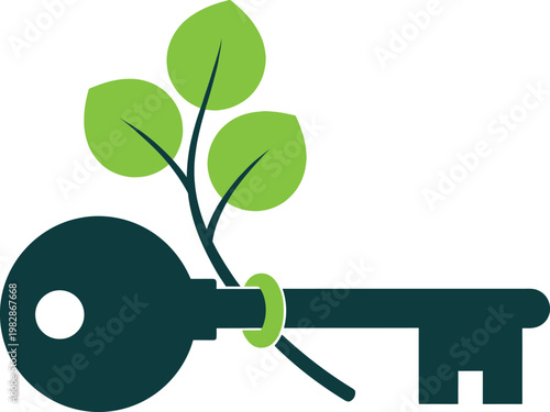 A vibrant green leaf sprout emerges from a dark gray key symbolizing growth unlocking potential and sustainable solutions for a brighter future