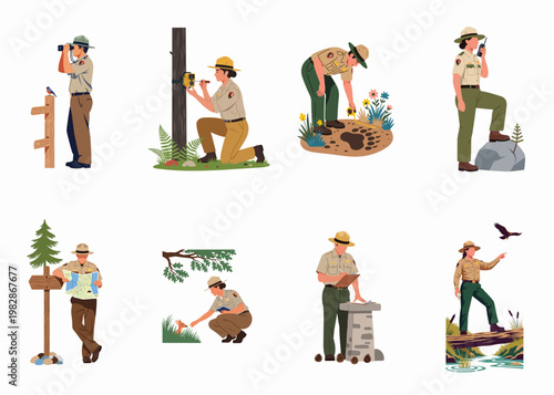 Flat vector illustrations of park rangers engaged in various wildlife conservation and national park management activities.
