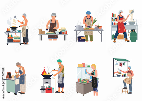 Flat Vector Illustration Set of Street Food Vendors Preparing and Serving Asian Noodles in Various Commercial Kitchen Scenarios