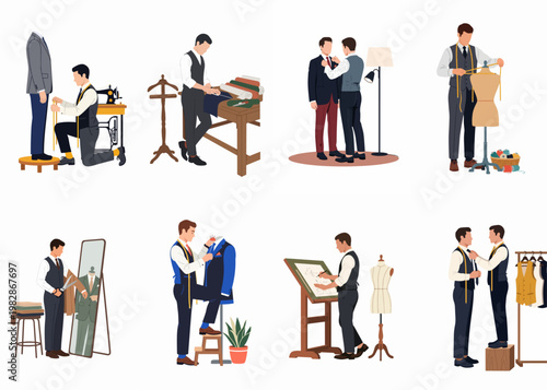 Set of professional male tailors at work, measuring, cutting fabric, sketching, and fitting bespoke suits in an atelier, flat vector illustration.