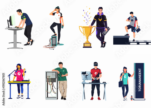 Collection of diverse esports characters including professional gamers, streamers, winners, and technical support staff engaged in various gaming-related activities.