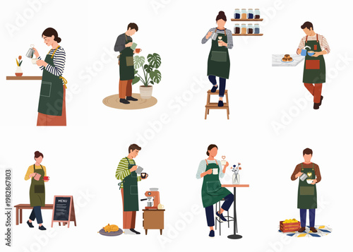 Flat vector illustration set of professional baristas in green aprons preparing coffee, latte art, and serving customers in a cozy cafe atmosphere.