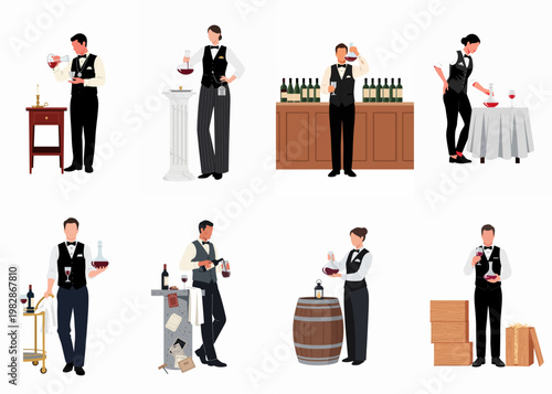 Collection of professional male and female sommeliers in formal uniforms serving, tasting, and presenting red wine in various elegant settings.