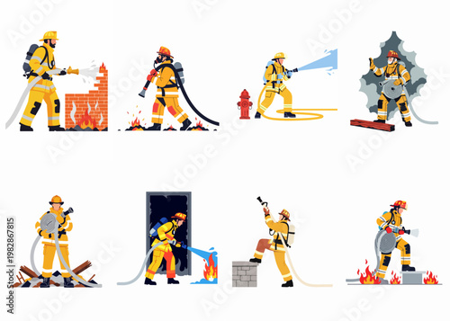 Collection of professional firefighters in uniform using hoses, extinguishing fires, and performing rescue operations in various emergency situations.