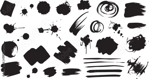 Title: Vector set of hand drawn ink splatter stains and dry brush strokes for graphic design elements.