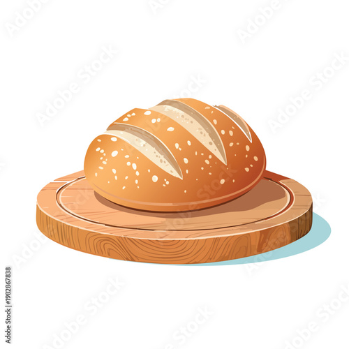 Freshly baked bread loaf on wooden serving board isolated white background