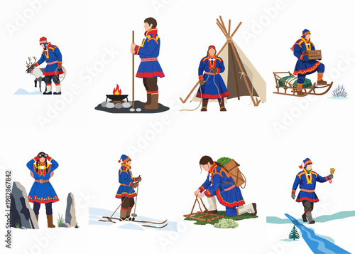 Vector Illustration Set of Sami People in Traditional Clothing Engaging in Various Cultural and Daily Activities in the Arctic Lapland Region