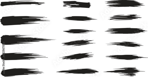 Set of black hand painted brush strokes and grunge ink lines isolated on white background for artistic and creative design projects.