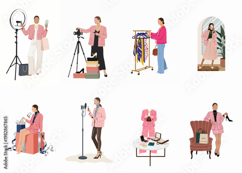 Minimalist vector illustrations of a female fashion influencer engaged in content creation, shopping, unboxing, and beauty routines.