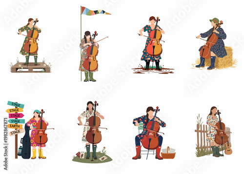 Collection of illustrations depicting women in floral dresses playing cellos in various outdoor settings, from muddy fields to rustic music festivals.