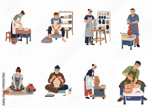 Set of diverse potters and ceramic artists creating handmade clay pottery, shaping vases on wheels, painting designs, and crafting unique earthenware in a studio.