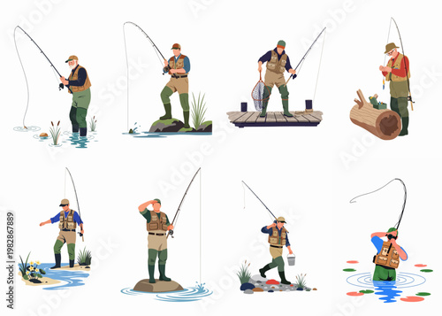 Collection of flat vector illustrations depicting various male fishermen engaged in different fishing activities like casting, wading, and holding their catch.