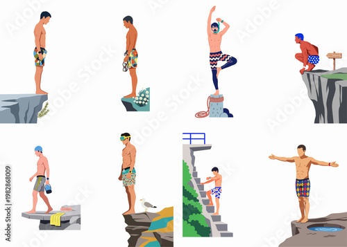 Collection of men in swim trunks preparing to dive and jump from cliffs and platforms into the water