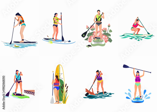 Set of flat vector illustrations depicting women practicing stand-up paddleboarding in various environments with different poses and equipment.