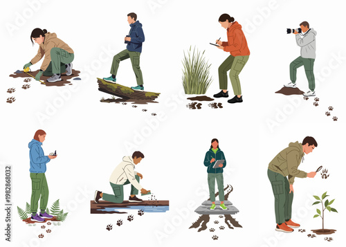 Set of Diverse People Tracking Animal Footprints and Studying Nature with Various Scientific Tools in Outdoor Settings
