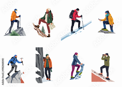 A set of flat vector illustrations depicting various hikers and mountaineers in winter gear engaged in outdoor adventure activities like climbing and navigation.